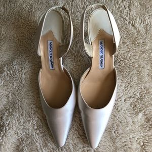 Manolo Blahnik White Satin Slingback Heels